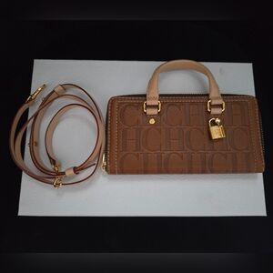 Carolina Herrera CH Cognac Leather Wallet Crossbody With Strap NWT
